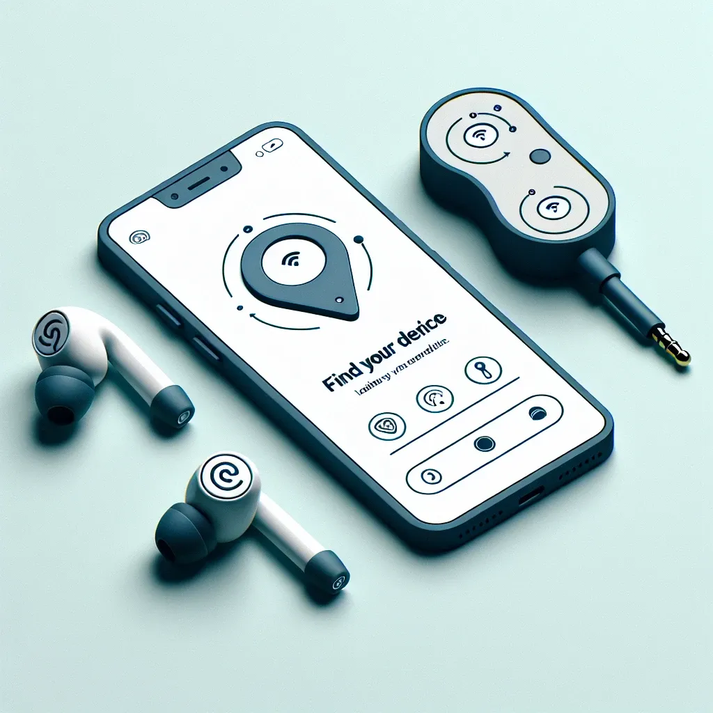 Alt text: "Pengguna menggunakan fitur 'Temukan Perangkat Saya' pada aplikasi untuk menemukan Pixel Buds mereka, dengan tampilan layar ponsel yang menunjukkan lokasi earbud."