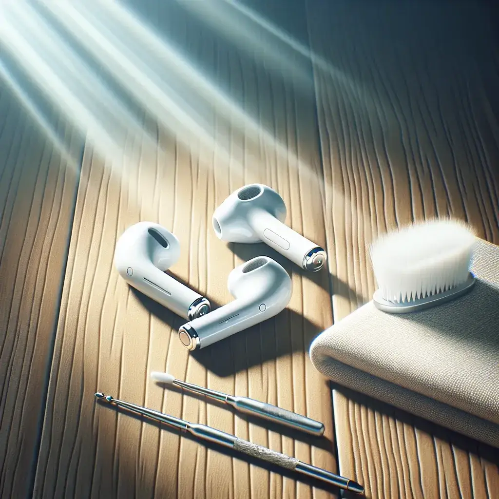 "AirPods charging on a wooden table with a bright background, illustrating tips for maintaining optimal performance in the article 'Apa Cara Terbaik untuk Menjaga Kinerja AirPods'."